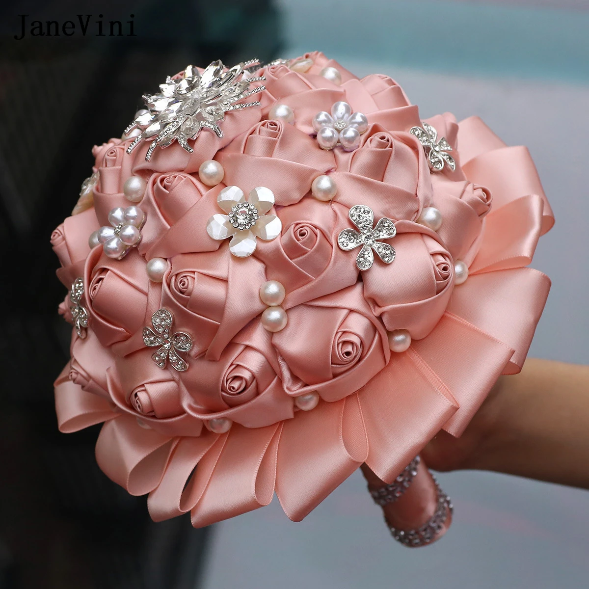 JaneVini Customized Nude Pink Bridal Brooch Bouquets Bling Silver Diamond Artificial Satin Roses Pearls Wedding Bouquet Flower