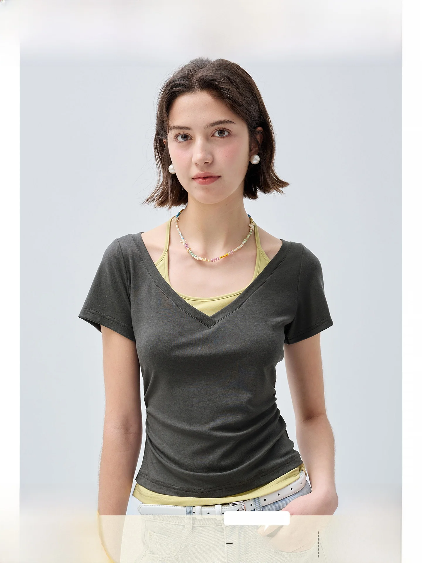 

plus Size Women's T-Shirt Fake Two-Piece Short Sleeve Slim Fit Summer New Style Commute Style Korean Version Versatile Top