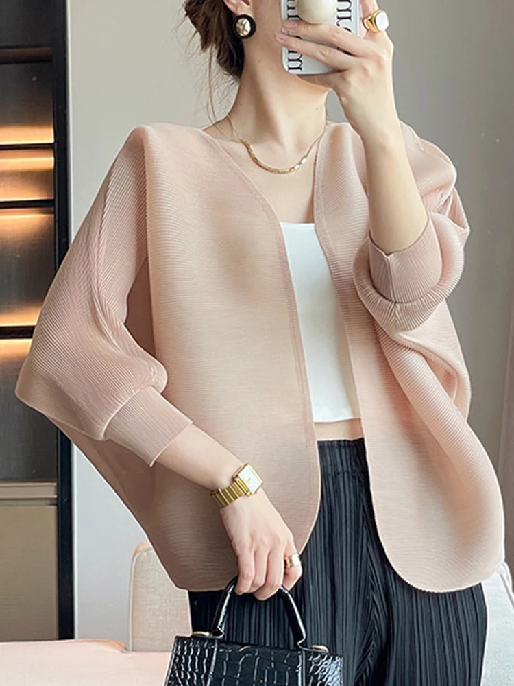 GVUW Pleated Jackets Women V Neck Batwing Sleeve Open Stitch Solid Color Versatile Fashion 2024 Autumn New Clothes 17G3327