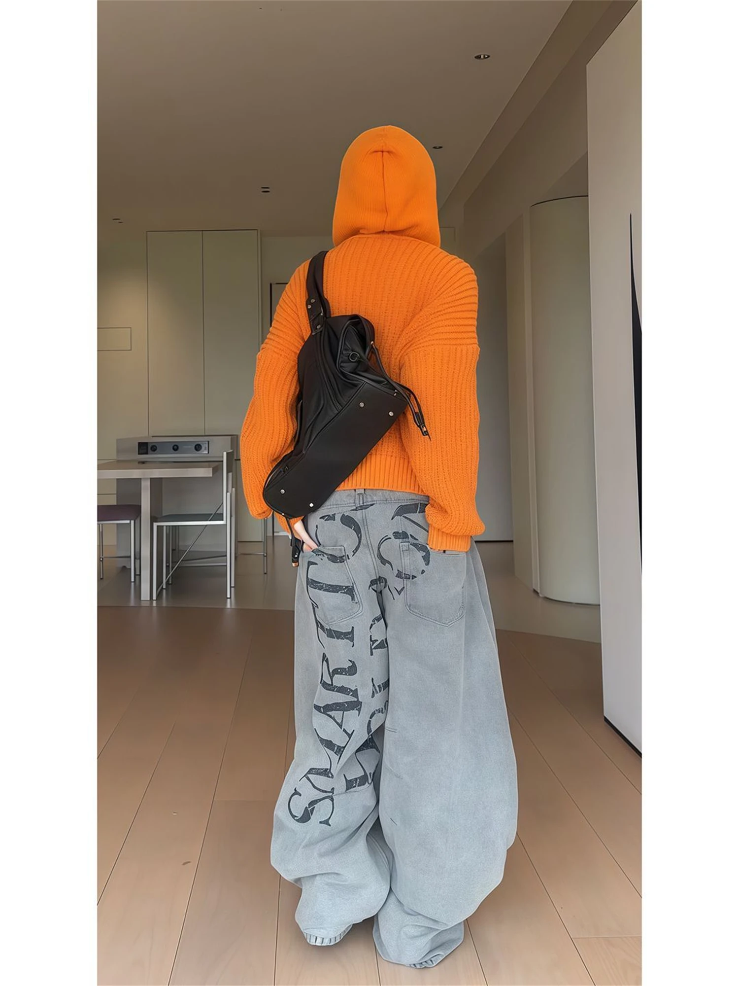 

Women's High Waist Wide Leg Light Gray Jeans Letter Print Patchwork Vintage Y2K Streetwear Loose Denim Trousers