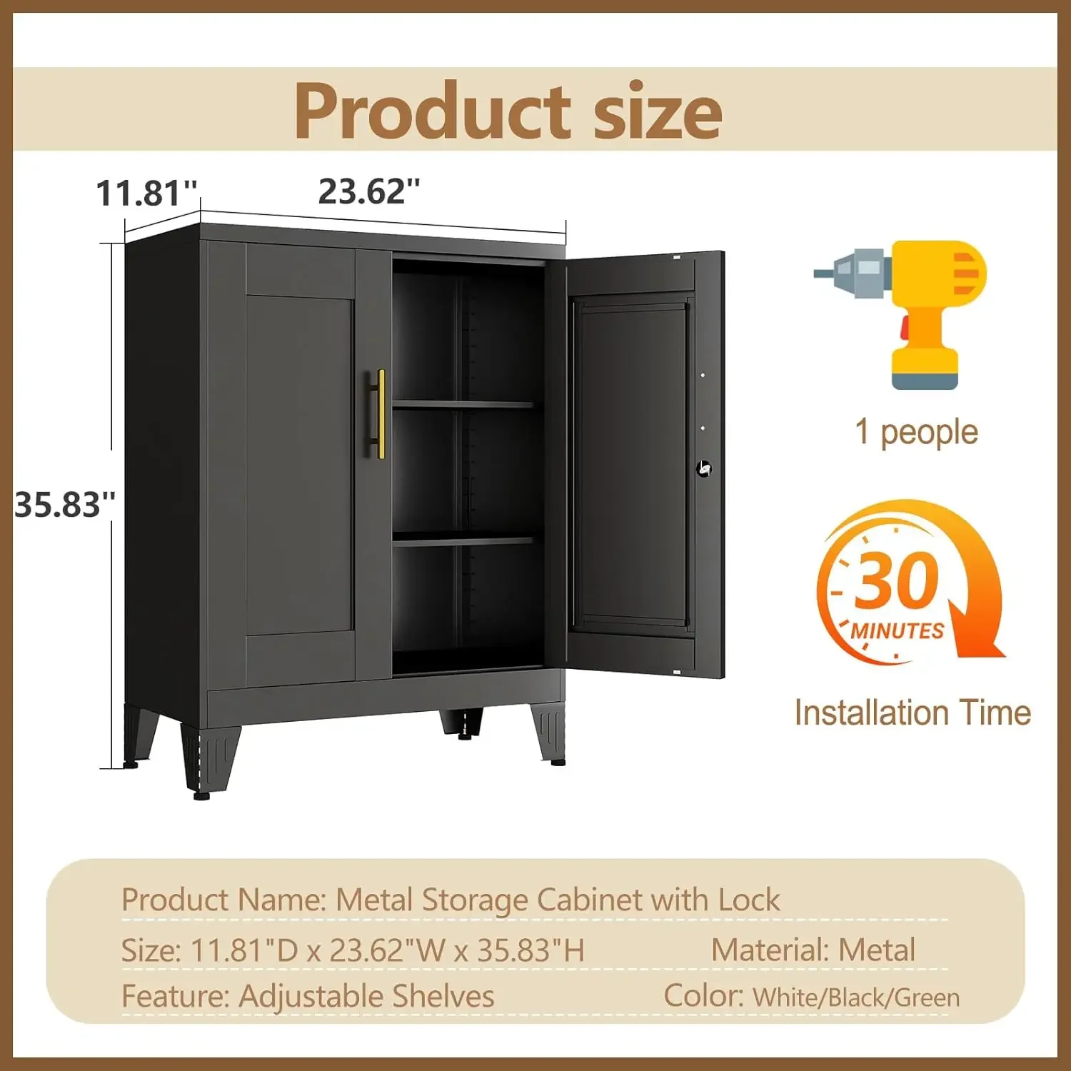 Mobiletto per dispensa in metallo nero con serratura, credenza a due unità con 2 ripiani regolabili, mobiletto da cucina per ufficio domestico