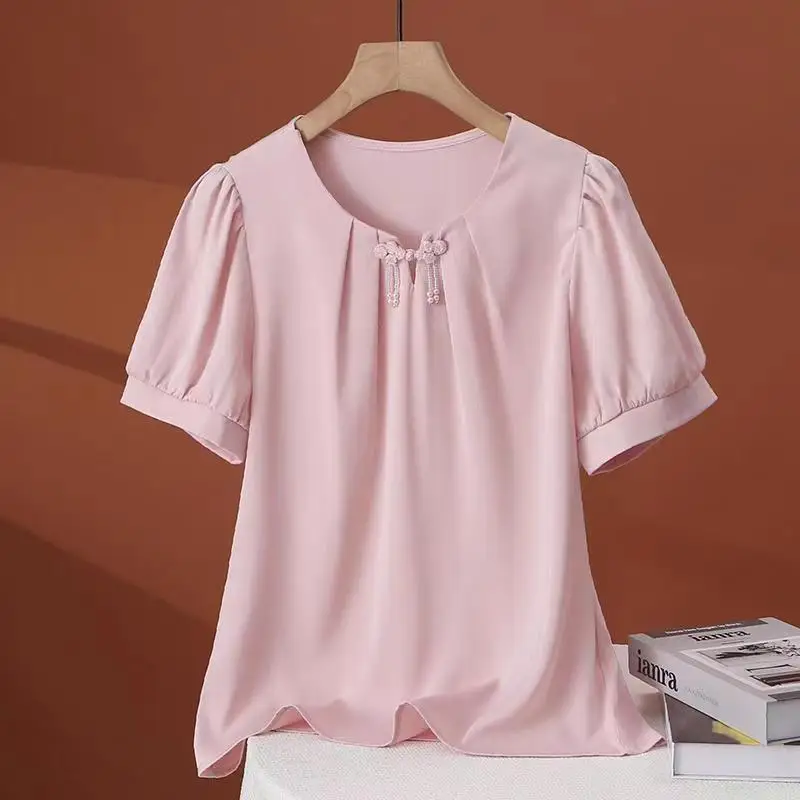 Crew Neck Summer Women\'s Solid Color Pullover Lantern Short Sleeve Korean T-shirt All-match Flattering Blouse Office Lady Tops