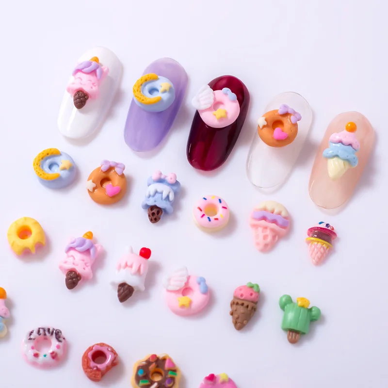 

10/100 new popular cartoon nail art summer 3D cute ice cream donuts resin nail accessories