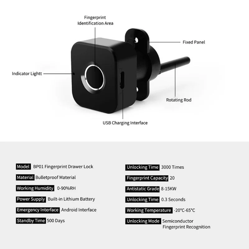 Drawer Lock Fingerprint Smart Sensor Lock Wardrobe Storage Cabinet Extra Long Standby USB Charging