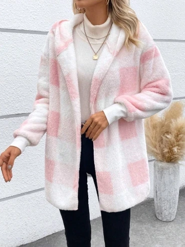 Winter Coats Woman 2024 Vintage Loose Plaid Woolen Cardigan Jacket Hooded Sweatshirt Casual Medium To Long Plush Cardigan Jacket