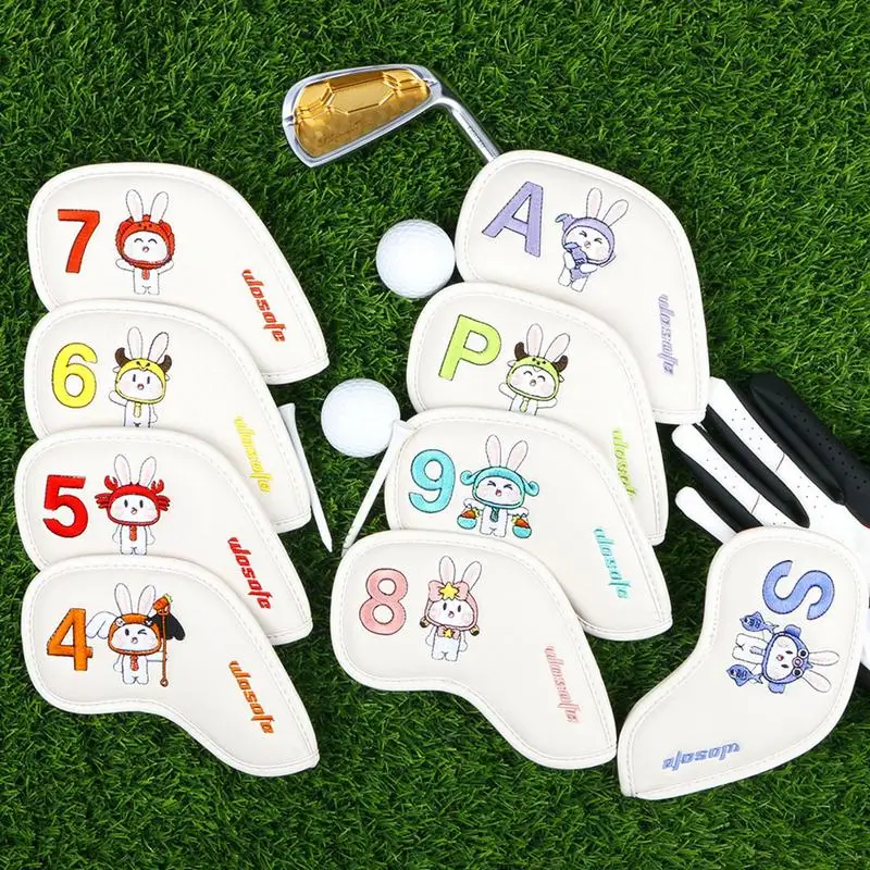 9Pcs Embroidered PU Golf Club Iron Head Covers Protector Golfs Head Cover Set Golf Accessories Golf Putter Cover Golf Headcover