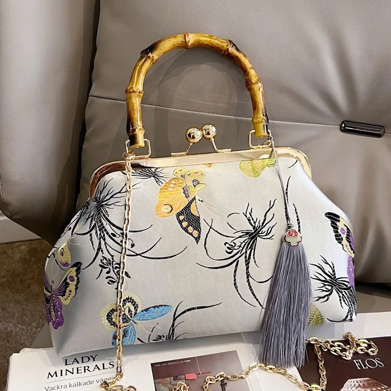 Fashion Women Butterfly Flower Lock Shell Clip Designer Chain Shoulder Bags Vintage Crossbody Bags Totes Purple Tassel Handbags