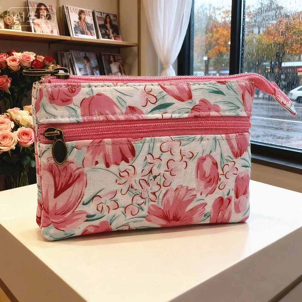 Fresh Country-Style Fabric Print Design Double-Zipper Four-Layer Cotton Women's Coin Purse ID Card Holder