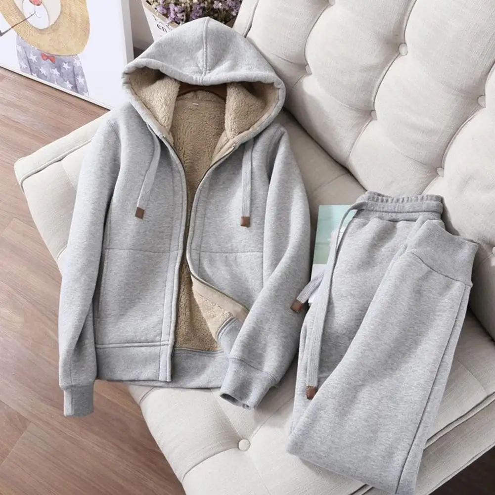 Nữ Áo Quần Phù Hợp Với Mùa Thu Và Mùa Đông Ấm Tay Dài Lông Cừu Dày Áo Hoodie Phối Quần Jogger Thể Thao 2 bộ