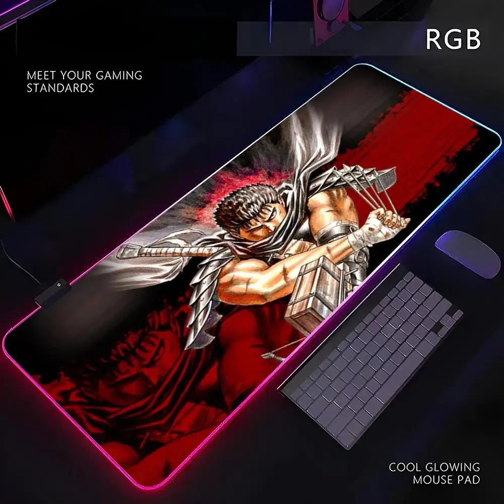 

Berserk Guts Mouse Pad RGB Gamer LED Light Mouse Mat Peripherals Mousepad Computer Desk Mat XL Mice Keyboard Carpet