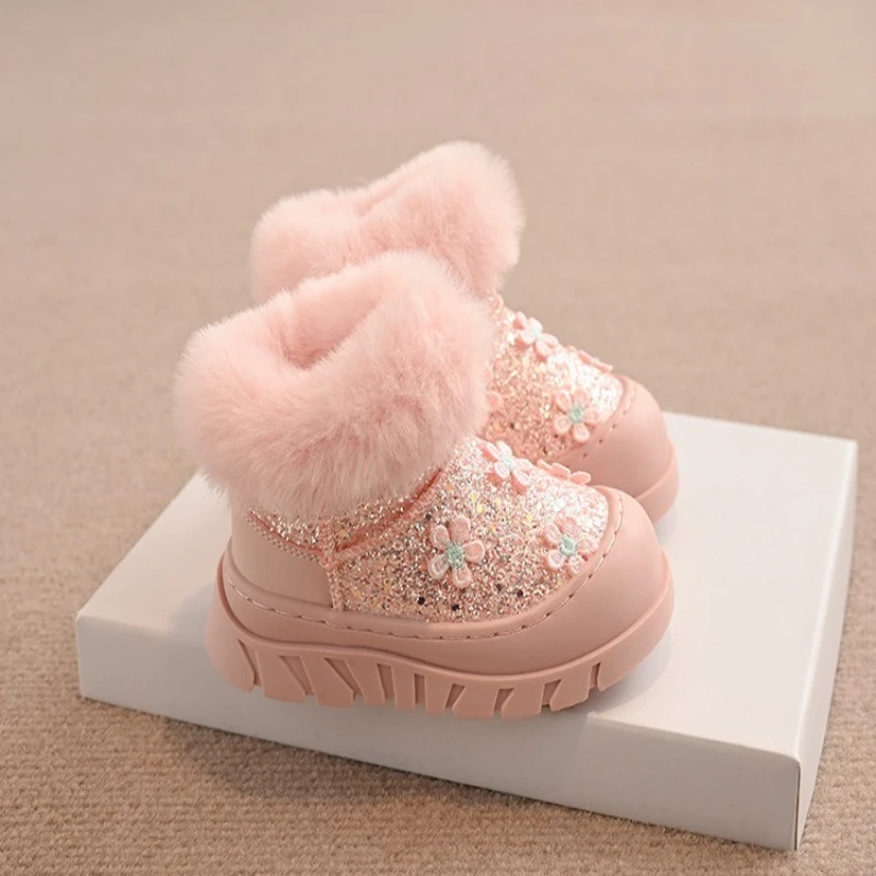 Sepatu Bot Salju Berpayet Putri Fashionable Musim Dingin 2025 Baru untuk Anak-anak, Sepatu Bot Ankle Bersol Tebal Sederhana Serbaguna, Sepatu Kasual Katun untuk Anak Perempuan