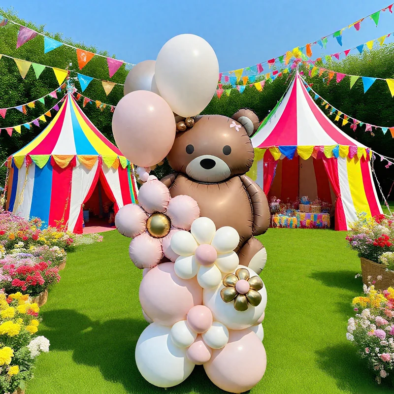 Brown Bear Balloon Set Flower Aluminum Film Balloon Pink Latex Balloon Ribbon Bow for Birthday and Wedding Decoration - view 2