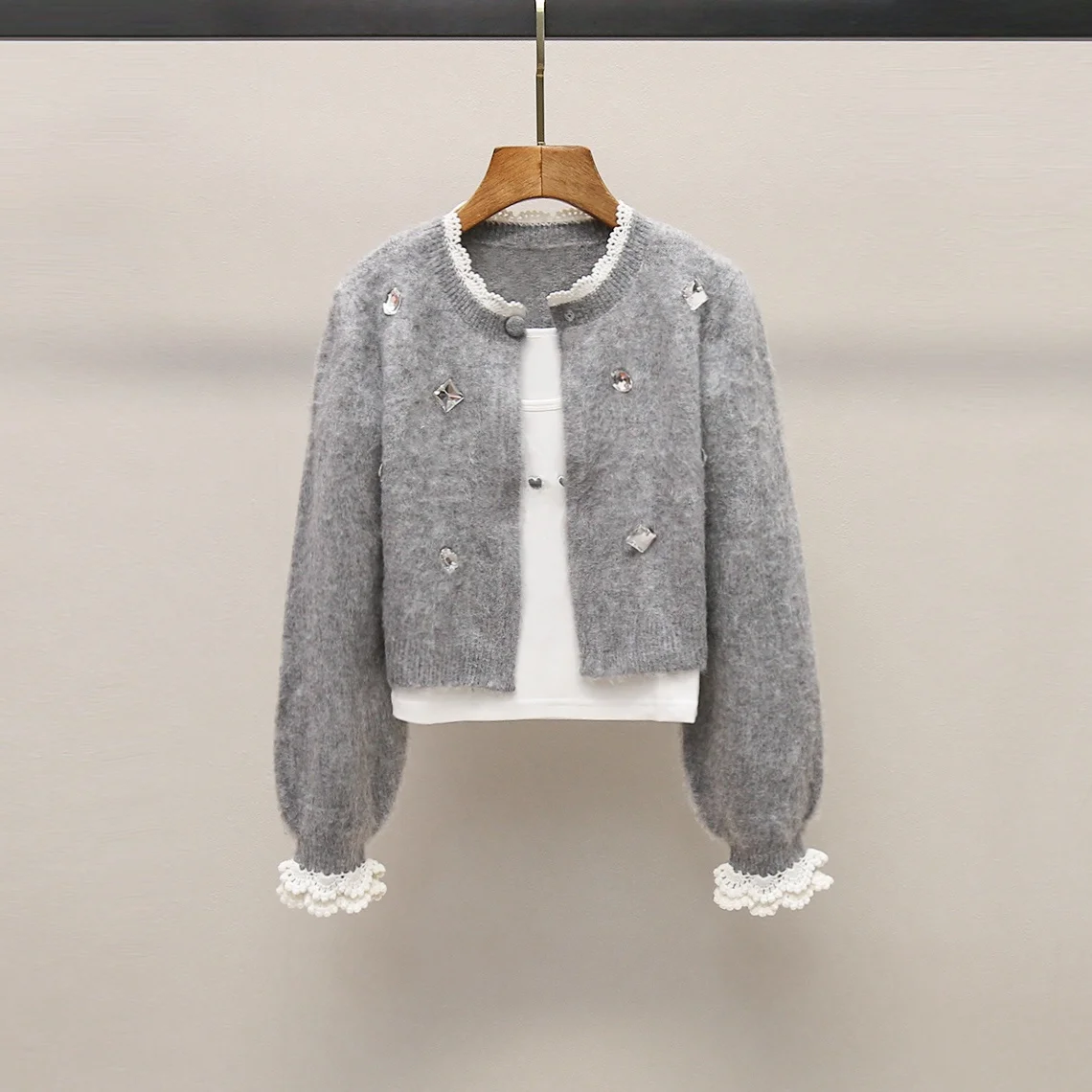 

Soft ort Knitted Cardigan with Lace And Rhinestone Detail Two-Piece Set Casual Sle Women's Faion Autumn Collection