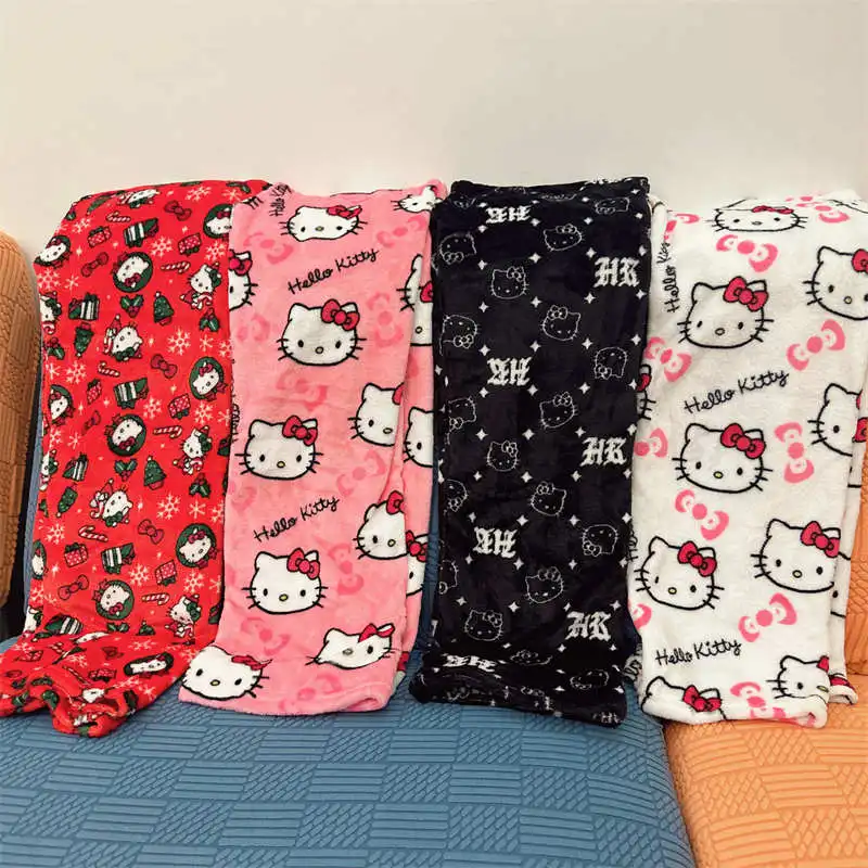 Verdicken Sie Hello Kitty Pyjamahose Sanrio Anime Fleece Doppelter elastischer Stoff Weiche Hose Damenhose Cartoon Geburtstagsgeschenk