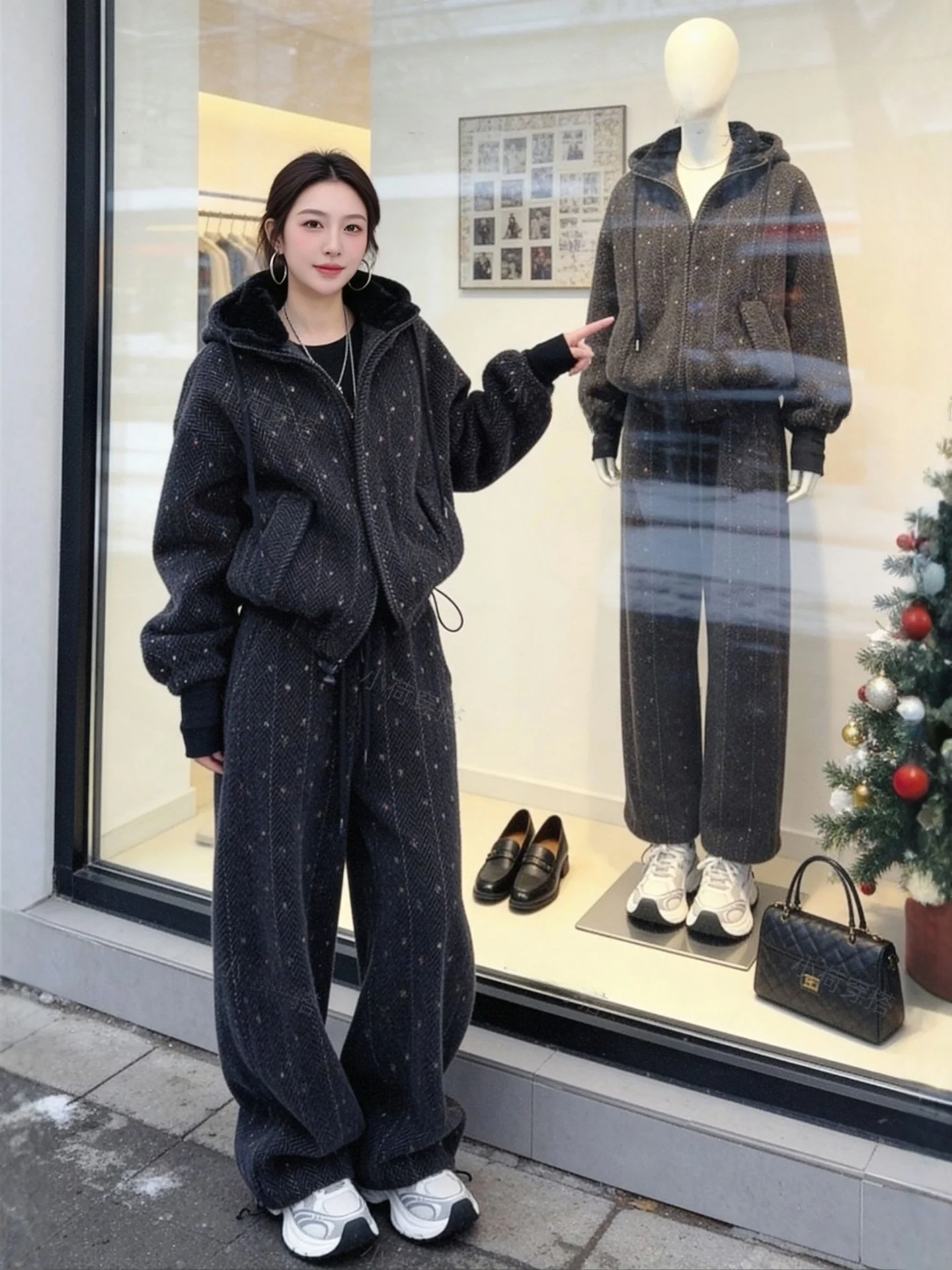 

Winter Faion plus Size Women's Hoodie Jaet And Casual Pants Set High Quali Vintage Sle Warm Polyester Fabric Adult