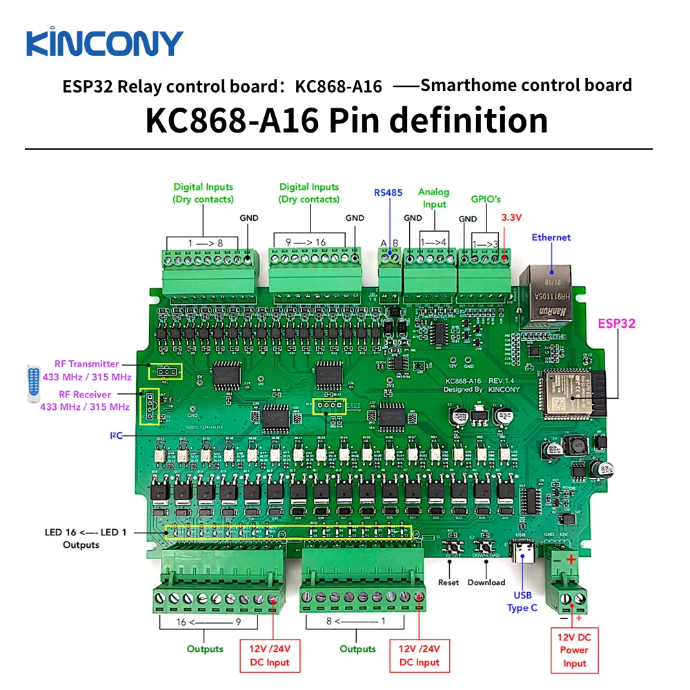 لوحة مرحل KinCony A16 ESP32 Ethernet Wifi للمساعد المنزلي بواسطة ESPHome Tuya Tasmota MQTT Modbus KCS البرامج الثابتة #4