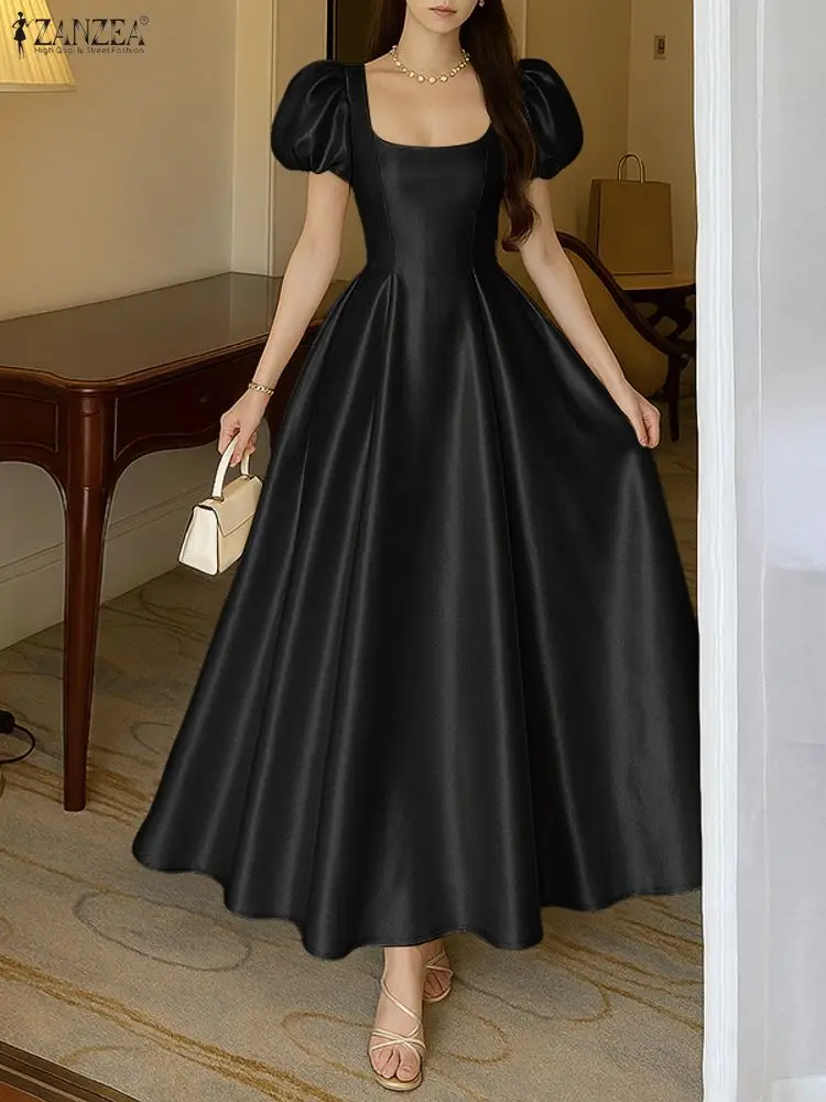 ZANZEA Damskie Sukienki Satynowe na Wesele, Eleganckie i Stylowe, z Kwadratowym Dekoltem, Krótkim Bufiastym Rękawem, Dopasowana Talia, Krój A-Line, Sukienka na Przyjęcie, Rozmiary S-3XL