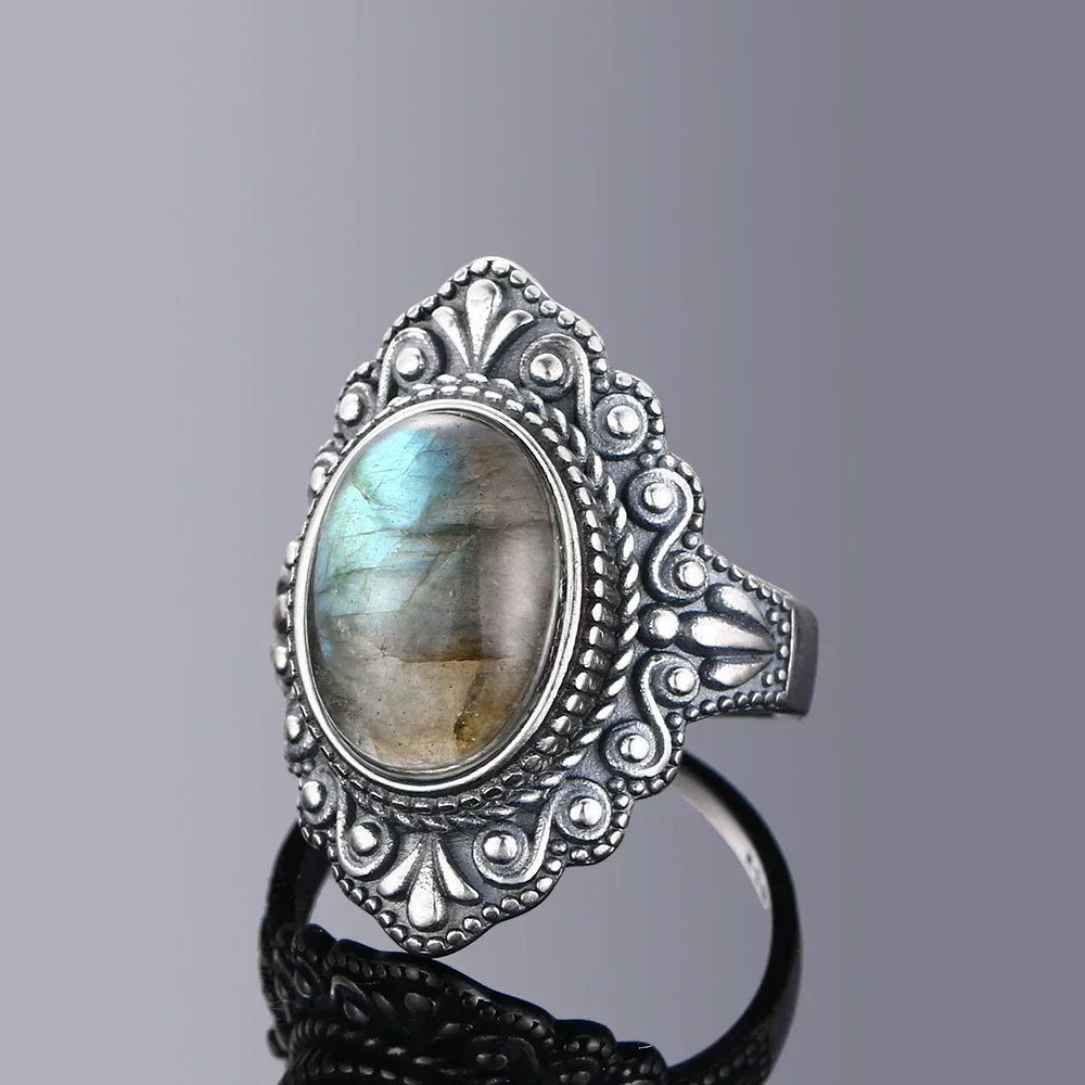 Retro 925 Sterling Silver Ring Oval Natural Labradorite Rings for Women Finger Ring Gemstone Rings Party Gift Jewelry