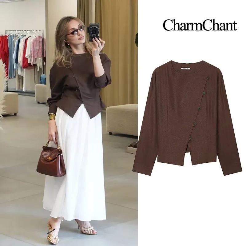 CHARMCHANT Women's Round Neck Asymmetric Linen Blend Jacket Long Sleeve Slim Waist Cropped Blazer Casual Vintage Fall 2026