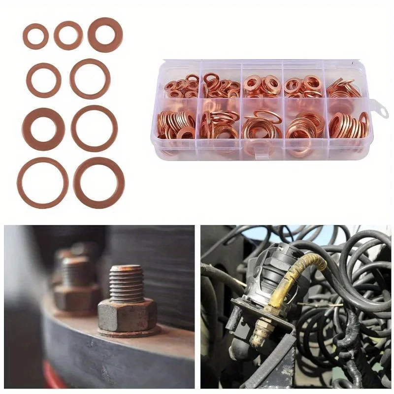 Copper Washer Gasket Assortment Kit Flat Ring Seal M8 M10 M12 M14 Sealing Rings with Box for Auto Sump Plug Hardware Repair