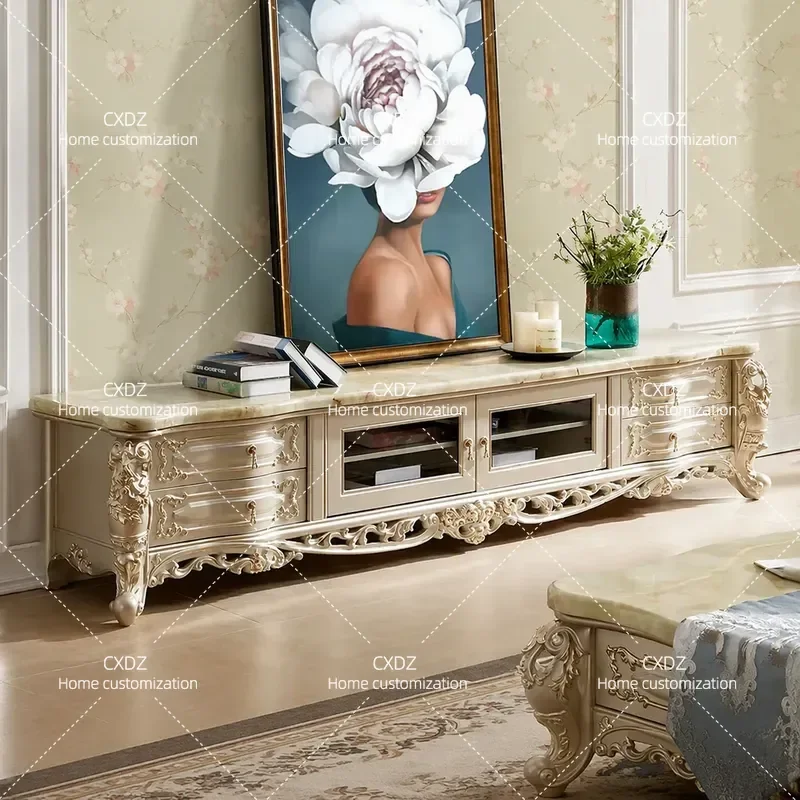 European marble TV cabinet set wall cabinet living room luxury fully furnished large apartment all solid wood floor cabinet