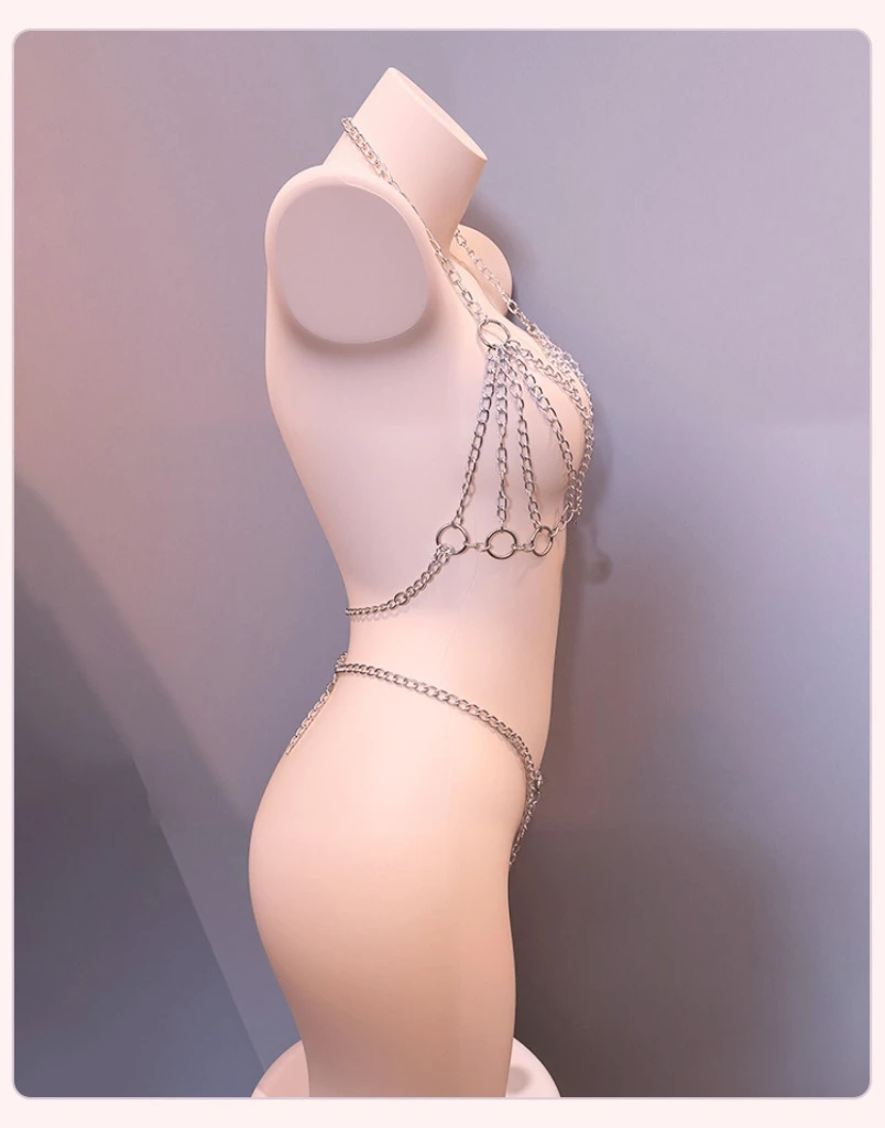 Lingerie sexy, corrente corporal de biquíni com ponto T feminino, acessórios de boate sexy, corrente de peito de metal personalizada,