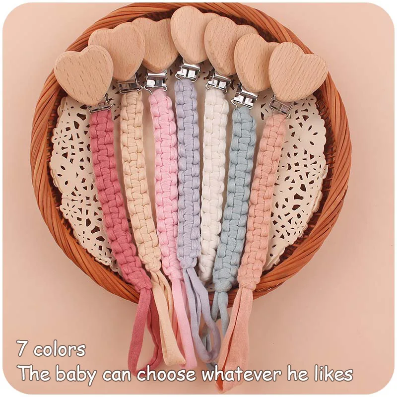 Baby Wooden Heart-shaped Pacifier Clip Infant Handmade Cotton Woven Pacifier Chain DIY Dummy Nipple Holder Infant Teething Toy