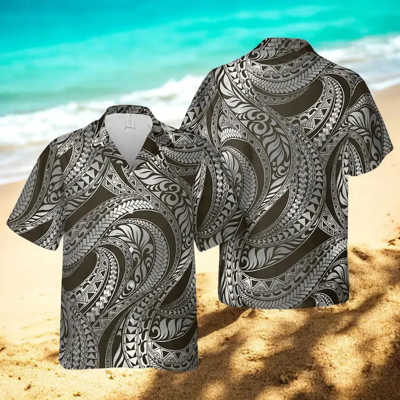 

Мужская коричневая гавайская рубашка с этническим принтом плюмерии, полинезийский цветочный принт, короткий рукав, на пуговицах, пляжная рубашка, рубашка для отпуска в стиле алоха