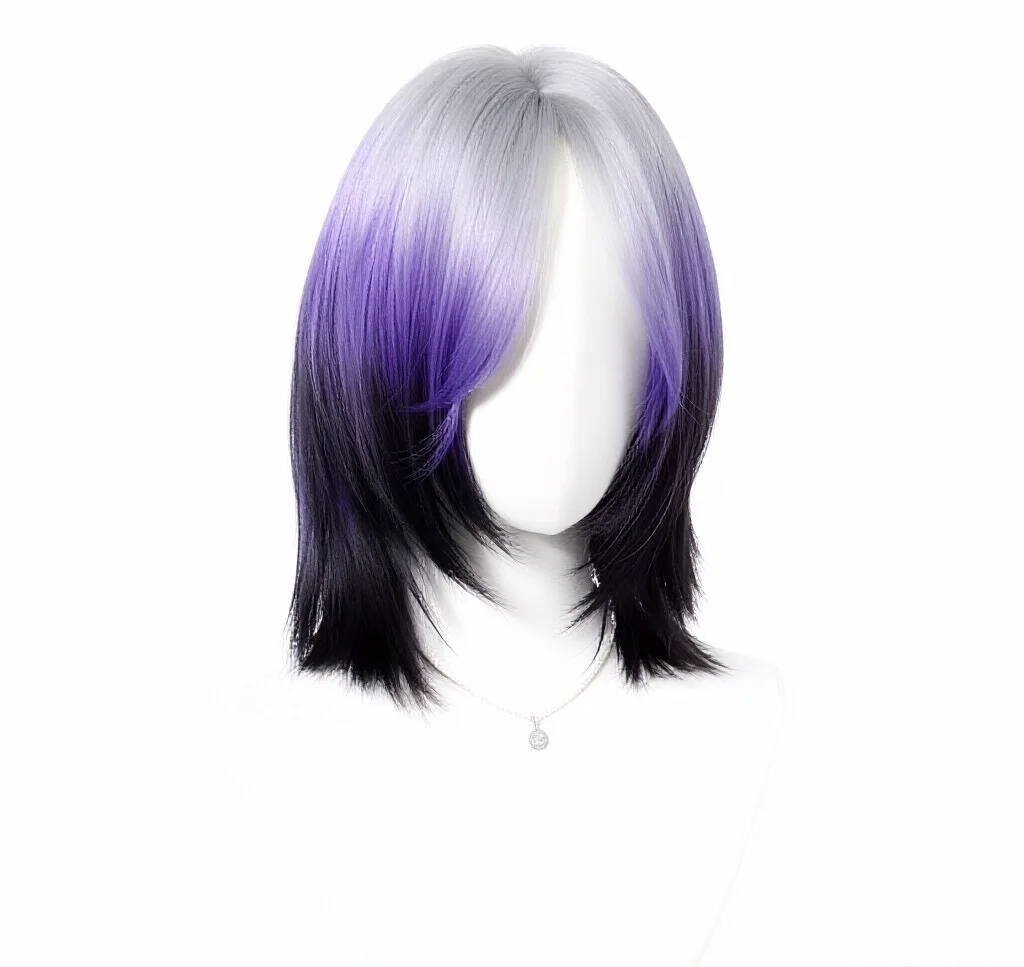 Gradient Black Purple Short Straight Wig, Synthetic Anime Cosplay Wig, Layered Wolf Cut Wig with Bangs, Heat Resistant Synthetic
