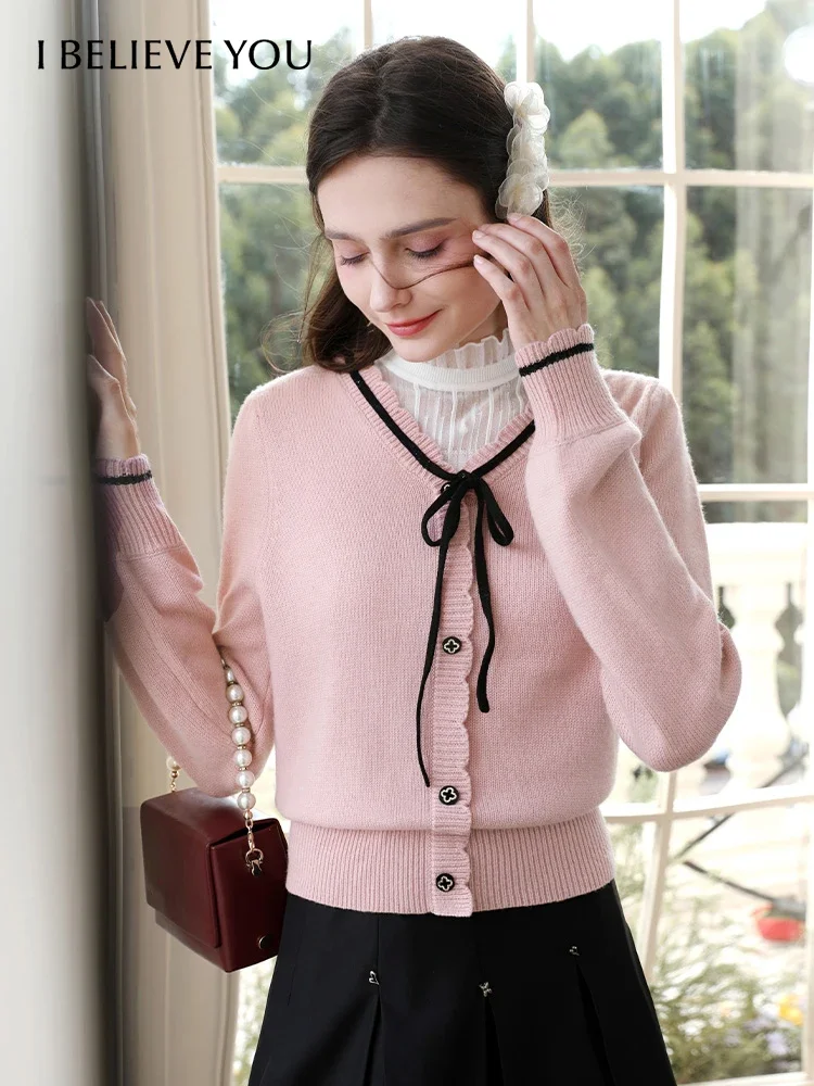 I BELIEVE YOU Pink Wave Edge V-neck Woolen Knitted Sweater for Women 2024 Autumn Elegant Woolen Warm Long Sleeve Tops 2244145775