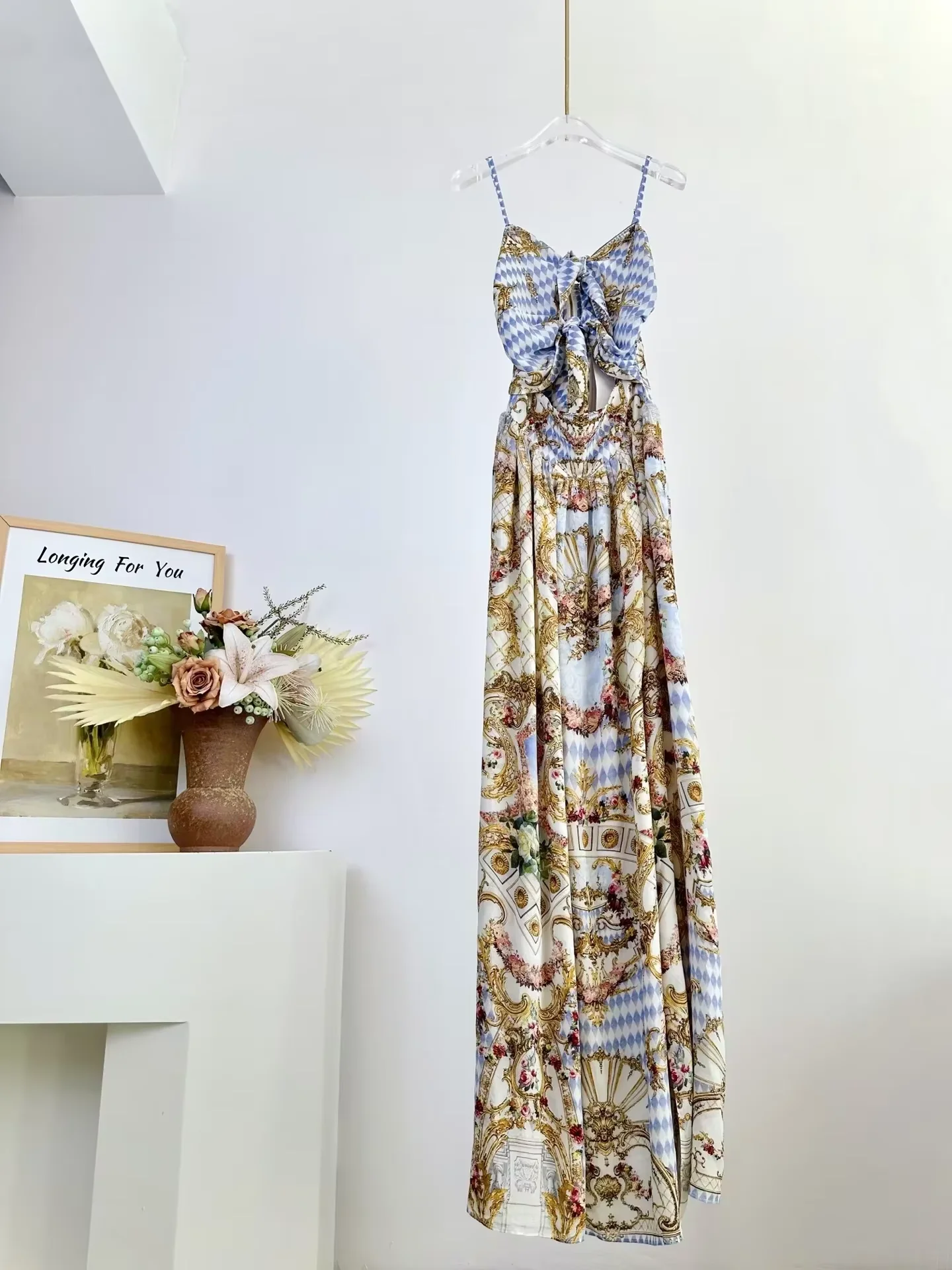 夏の女性用100％シルクマキシワンピース、ブルーのレトロプリ - Vintage Fashion Retro Outfit のレビューと価格