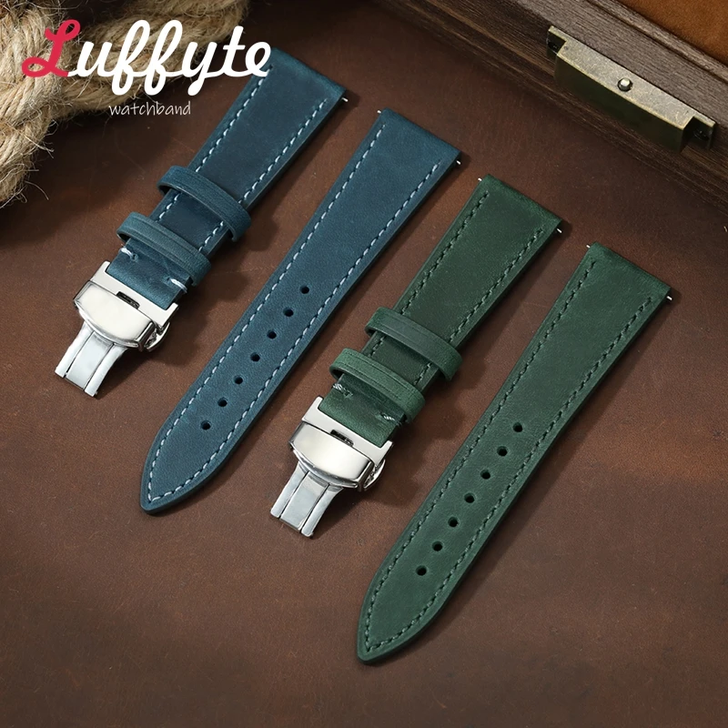 

Butterfly Buckle Quick Release Smartwatch Bands 18mm 20mm 22mm Wrist Bracelets Vintage Crazy Horse Leather Watchband Belt