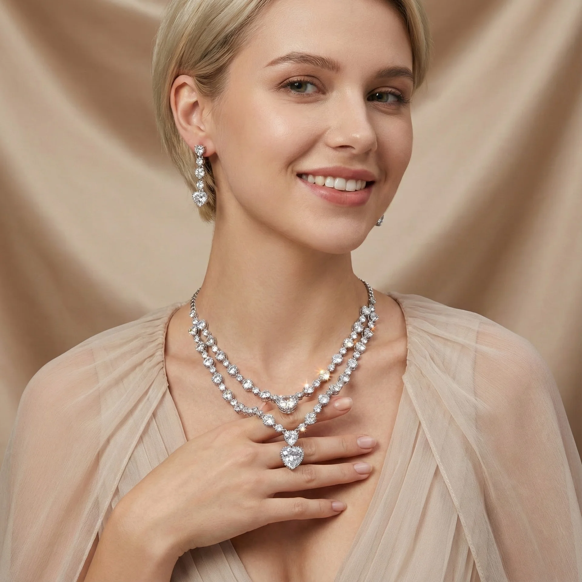 

European Bridal 2-Piece Jewelry Set, Double Layer Zircon Necklace & Earrings, Stylish Elegant Accessories for Women