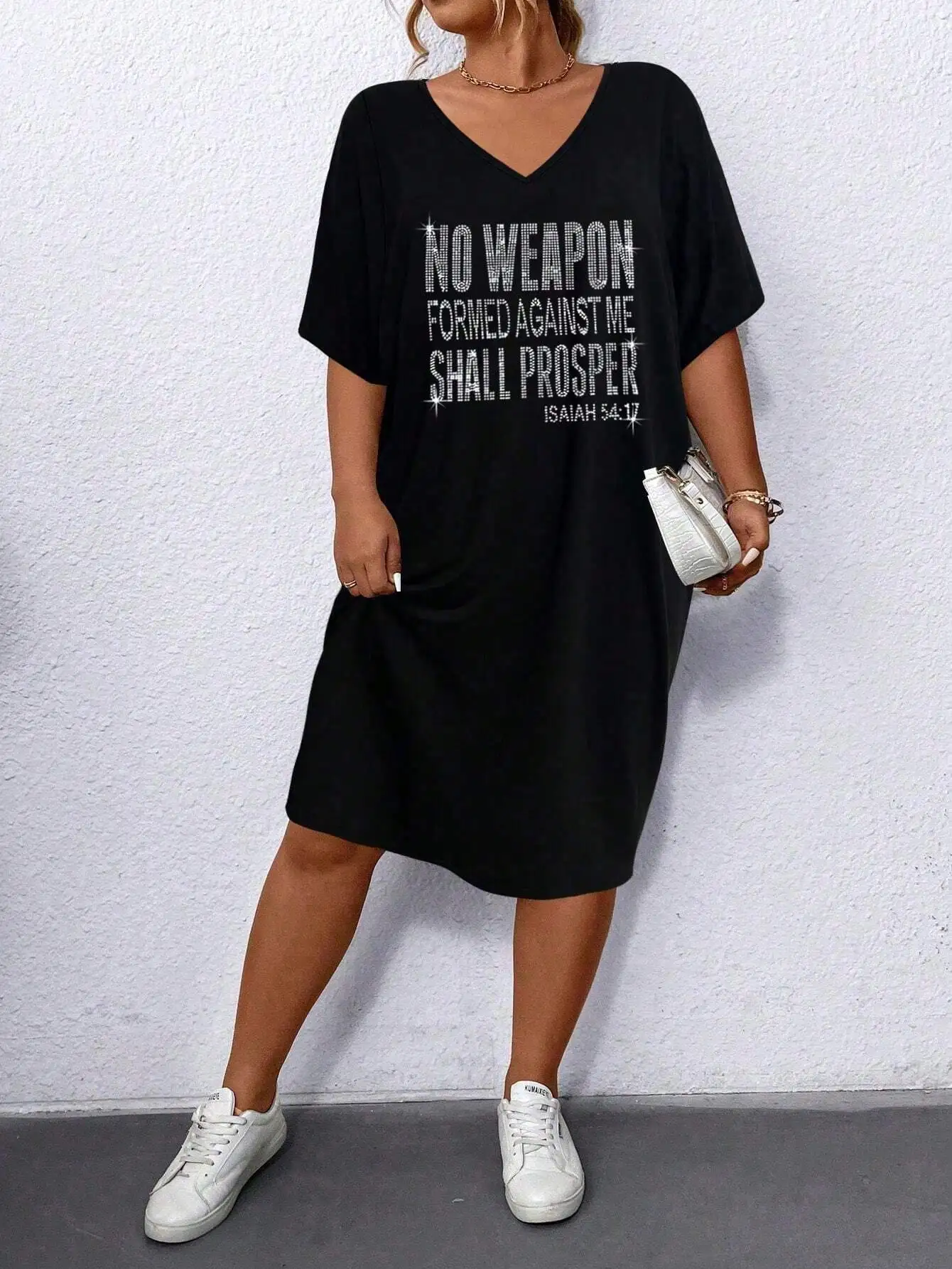 

Plus Size Women V-Neck Short Sleeve Casual T-Shirt Dress With Letter Print