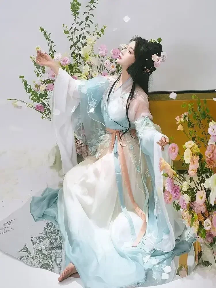 Abito Hanfu Donna Ricamo tradizionale cinese Hanfu Costume cosplay di carnevale femminile Abito Hanfu blu sfumato Taglie forti