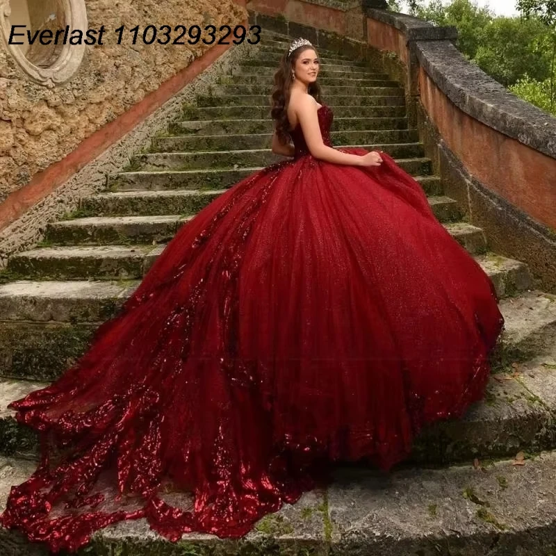 

EVLAST Customized Glitter Burgundy Quinceanera Dress Ball Gown Lace Appliques Sequins Beaded Sweet 16 Vestido De 15 Anos E1Q45