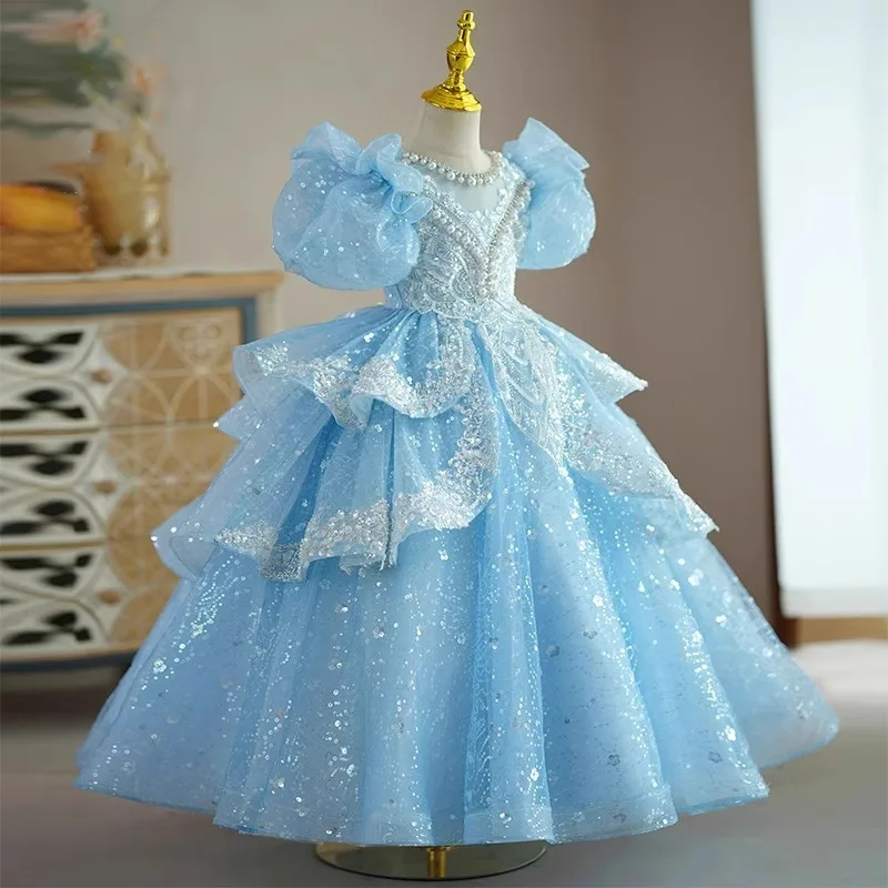 Customized Shiny Baby Flower Girl Dresses Sequins With Pearls Children Princess Prom Birthday Show Kids Gowns