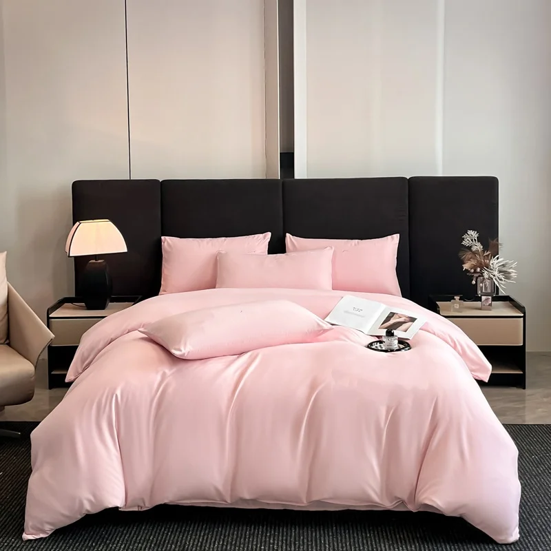

3pcs Duvet Cover Set Solid Light Pink Silky Cooling Quilt Cover+Pillowcase Hot Sleeper Girl Soft Bedding Us Full Queen King