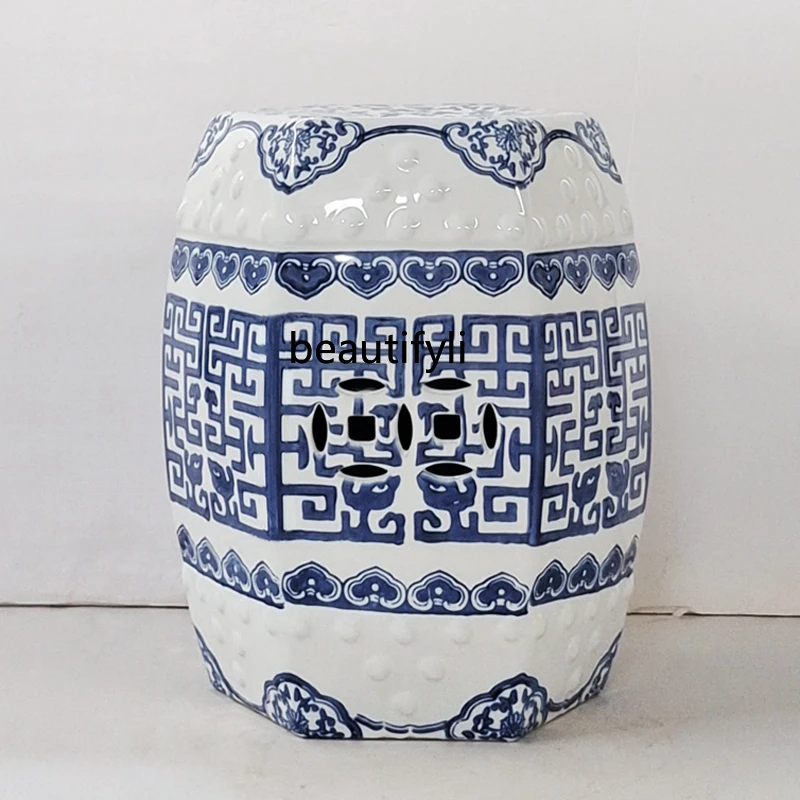 Chinese style gradual change ceramic stool antique blue and white guzheng piano porcelain pier outdoor garden embroidery pier