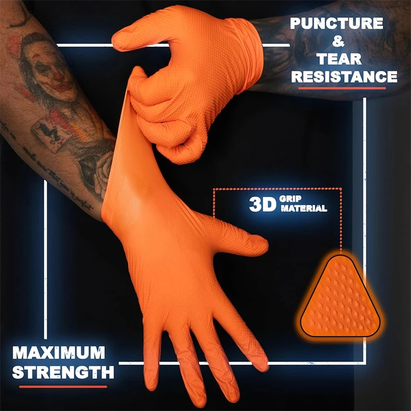 8Mil Heavy Duty Orange Nitrile Gloves with Raised Diamond Textured Disposable Gloves for Mechanic Auto Industrial Safety Gloves