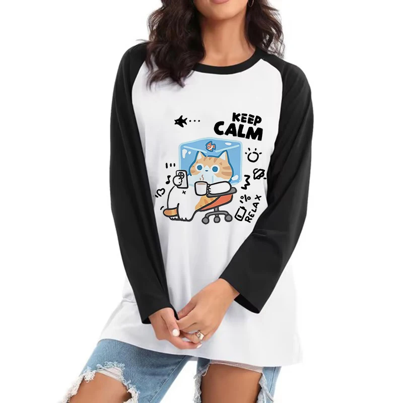 Kawaii Y2k-T-Shirts für Damen, Tops, T-Shirt mit Keep Calm, Buchstabendruck, lässiges Grafik-T-Shirt, Damen-Langarm-T-Shirt mit süßem Katzendruck