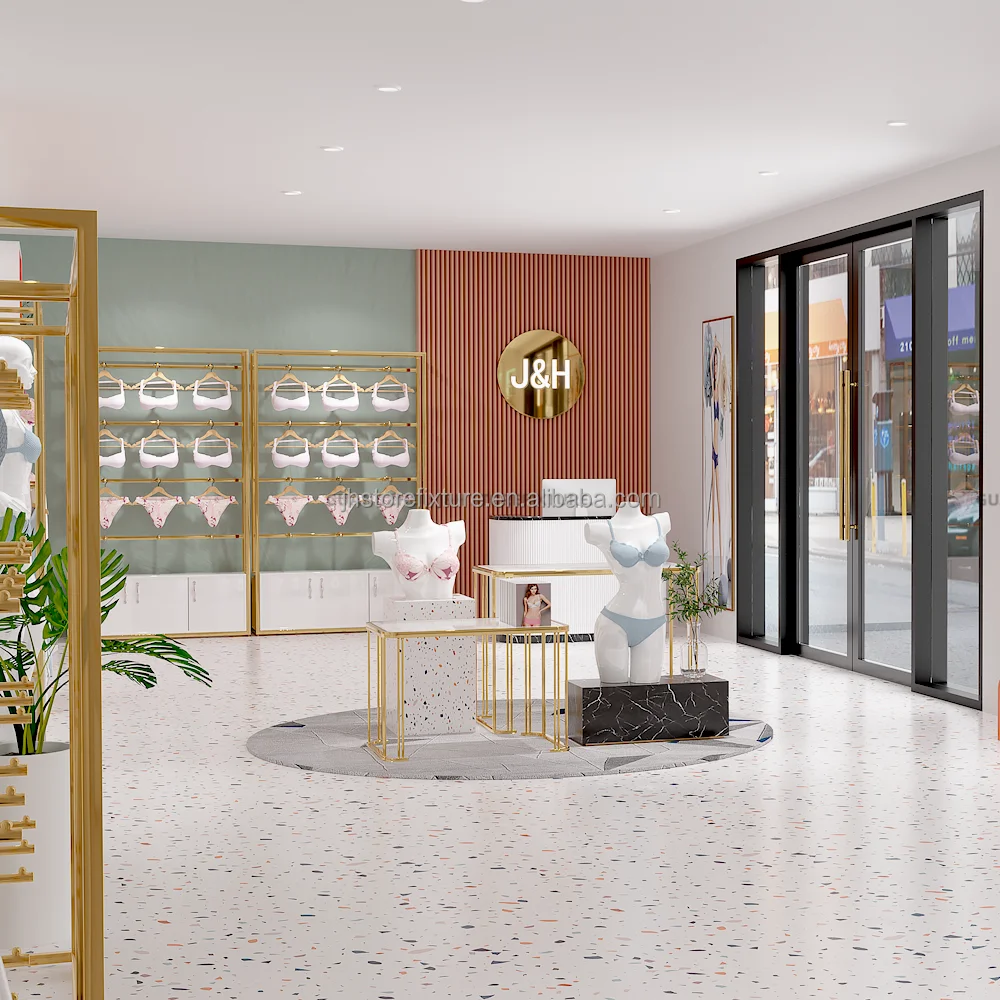 Vitrina de exhibición de ropa interior de montaje en pared, muebles de exhibición de tienda de lencería de acero inoxidable, soporte de exhibición de ropa interior para mujer