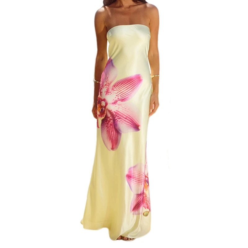Women Strapless Floral Print Maxi Dress Sexy Cutout Backless Tube Dress Coquette Satin Long Dress Vacation Boho Beachwear
