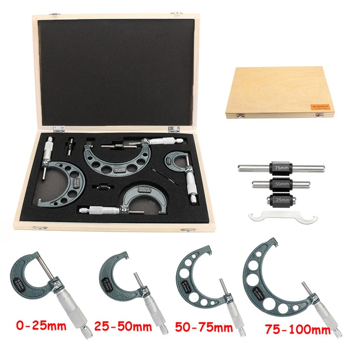 4Pcs Outside Micrometer Set Machinist Tool 0-4Inch 0-100mm 4 Precision 0.01mm Accuracy Carbide Micrometer Set