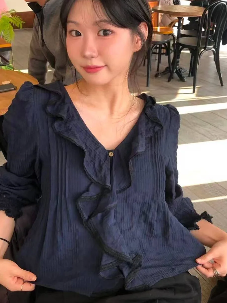 

Женская блузка Gentle Style Dongda Gate с V-образным вырезом, свободного кроя, с рукавами-фонариками, из мягкой ткани, с коротким рукавом, с эффектом похудения