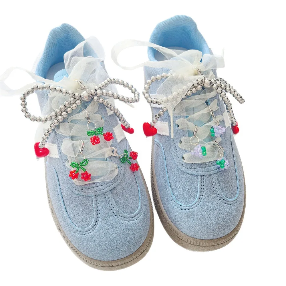 

New Pearl Bow Shoe Charm Strawberry Buckle Cherry Grape Bead Shoe Laces Charms for Sneakers Red Love Silver Shoes Decorations
