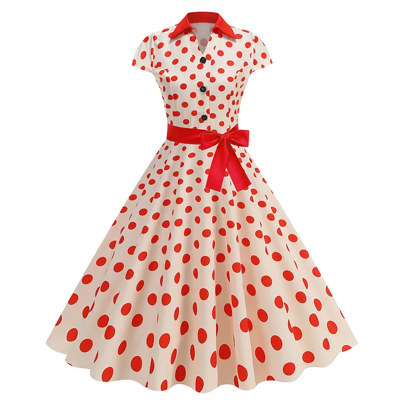 Elegant Vintage 1950s Women Summer Dress Polka Dot Print Turn-Down Collar Party Sundress with Belt