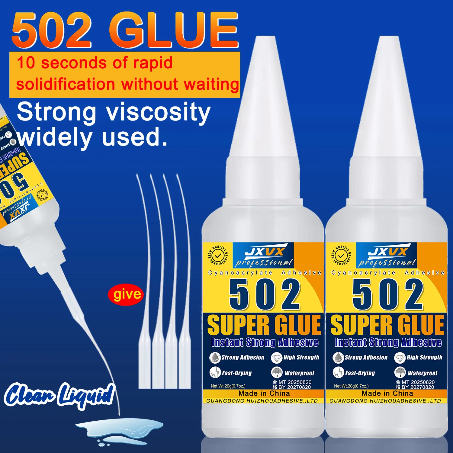 JXVX 1-5 unidades de pegamento instantáneo de alta resistencia 502 Super Glue, agente adhesivo resistente a altas temperaturas, apto para metal, plástico, PVC y madera. Potente pegamento líquido con dispensador incluid