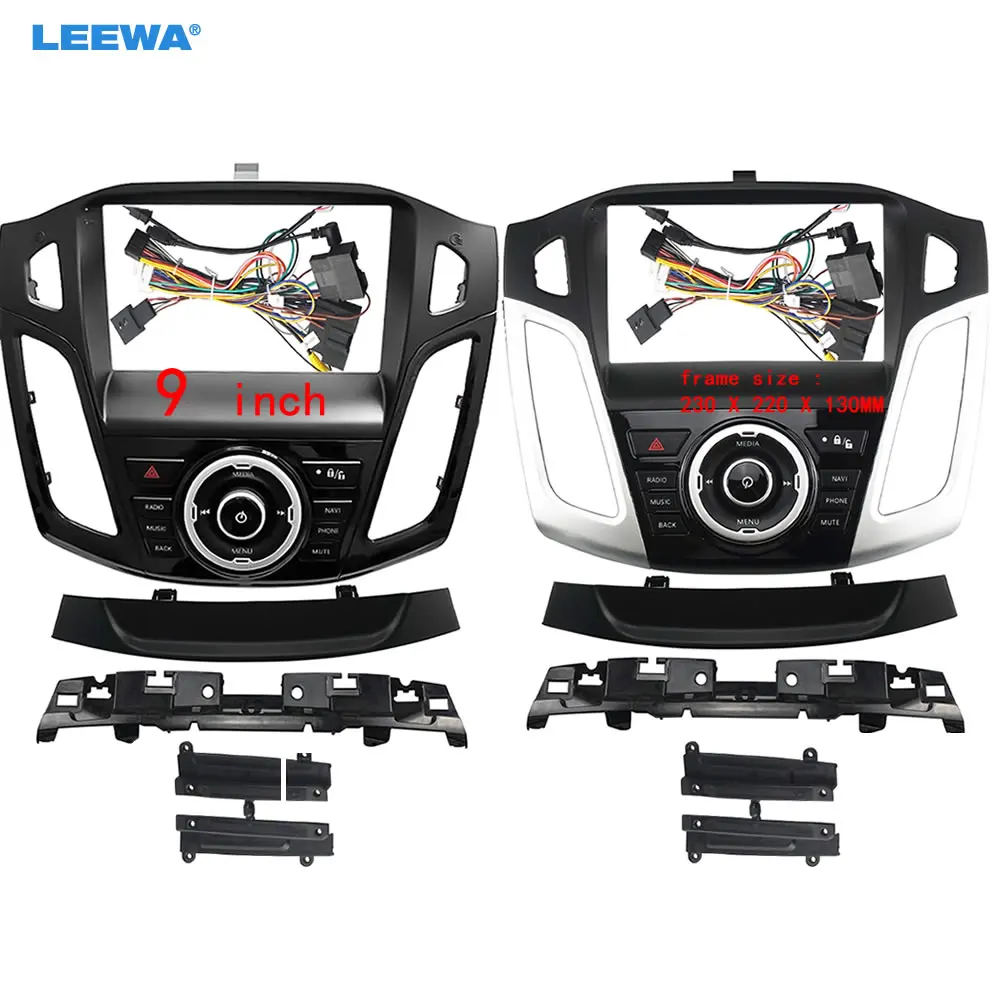 LEEWA Car Audio 9" Big Screen Head Unit Dash Fascia Panel Frame + 16pin Power Cord Wiring Harness With Canbus Box For Ford Focus