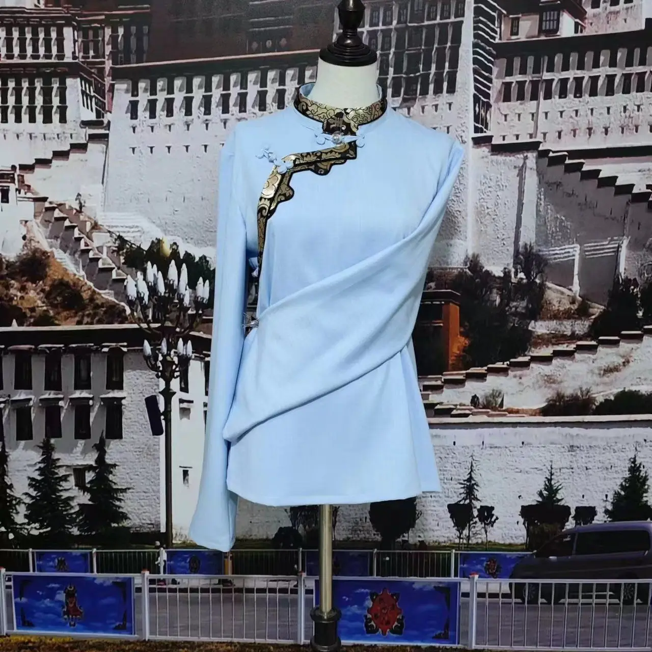 2024 티베트 신상 스탠드 칼라 긴팔 셔츠 남녀 동일 상의